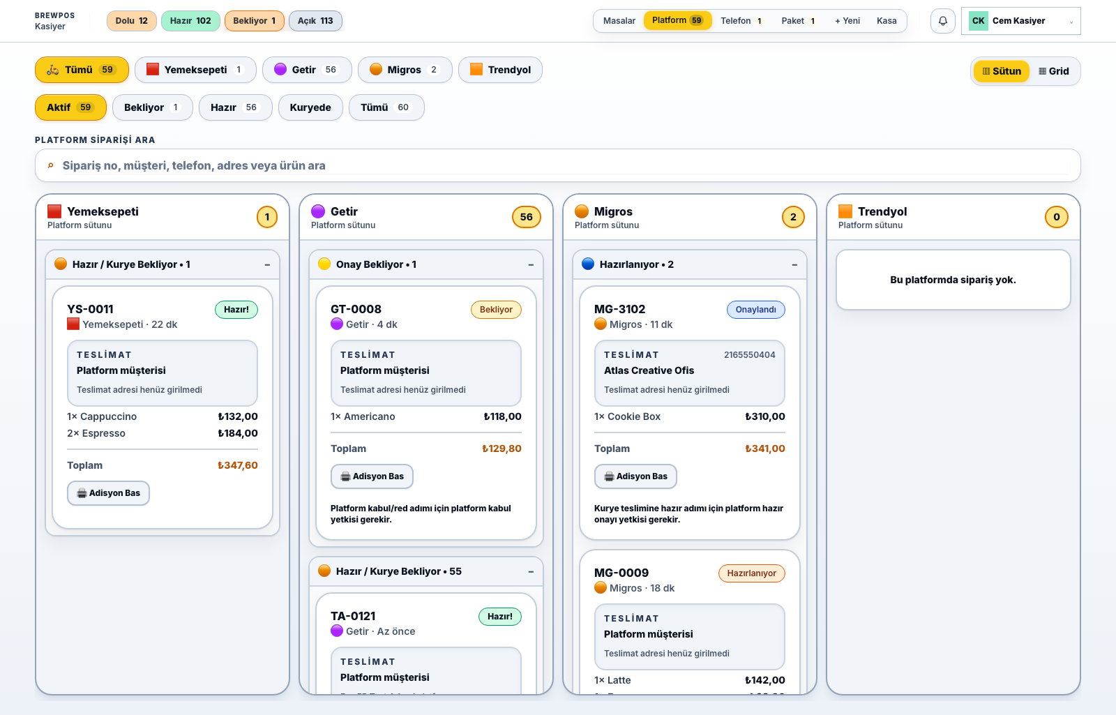 BrewCrew platform sipariş ekranı